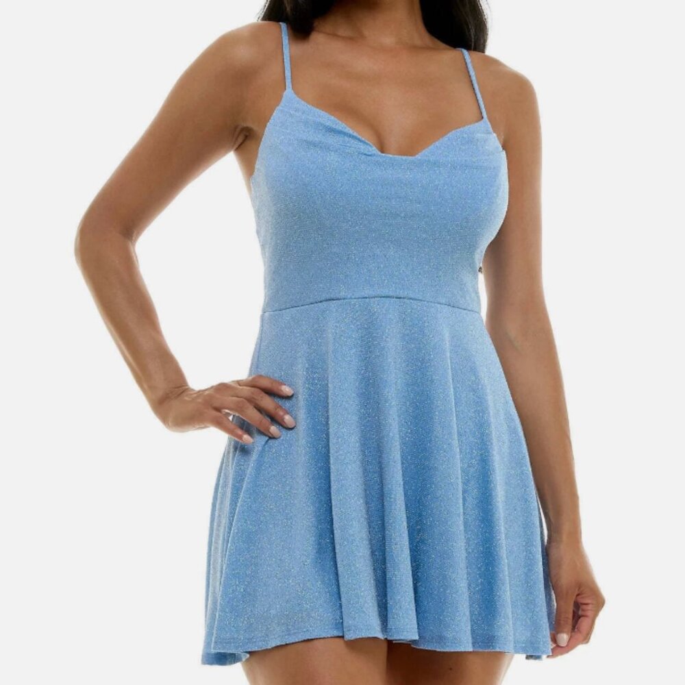 B. Darlin Periwinkle Blue Juniors' Glitter Sleeveless Fit & Flare Dress Formal S